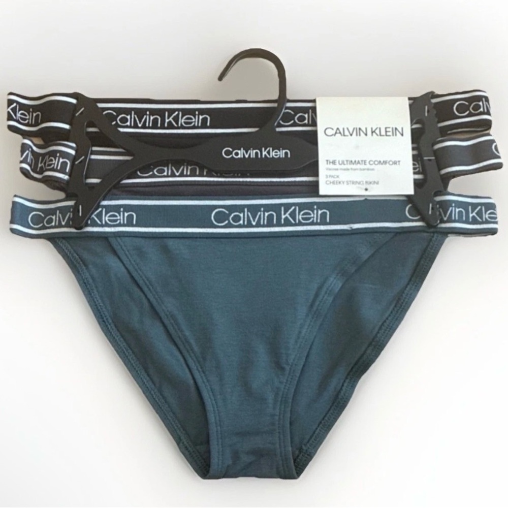 Calvin Klein Trio Bikini Brief Set - Black, Charcoal & Teal Waistband Logos
